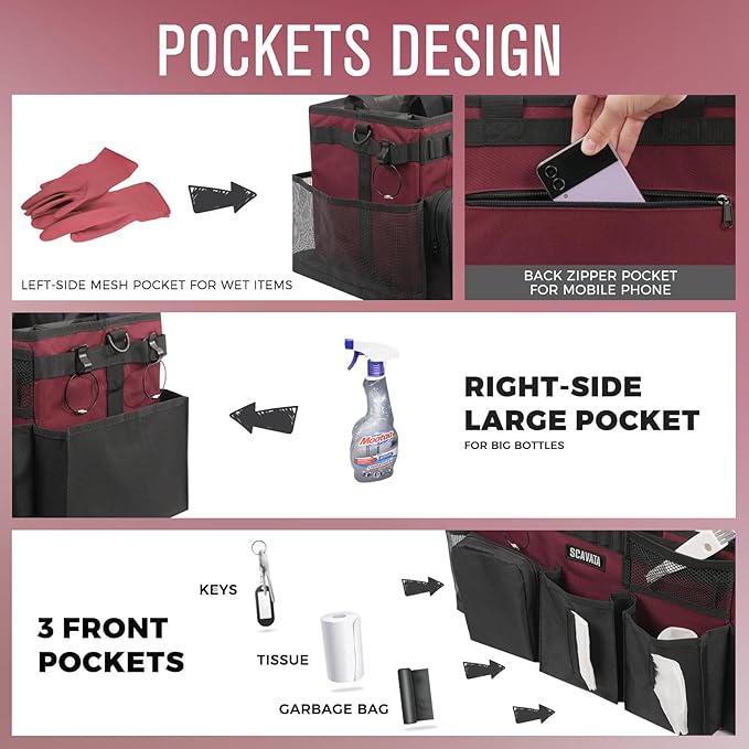 Wearable Cleaning Caddy Bag, Cleaning Caddy Supplies Organizer with Handle & Shoulder Straps for Housekeepers, Under Sink & Car Cleaning Tool Organizers with 4 Foldable Divider (Magenta)