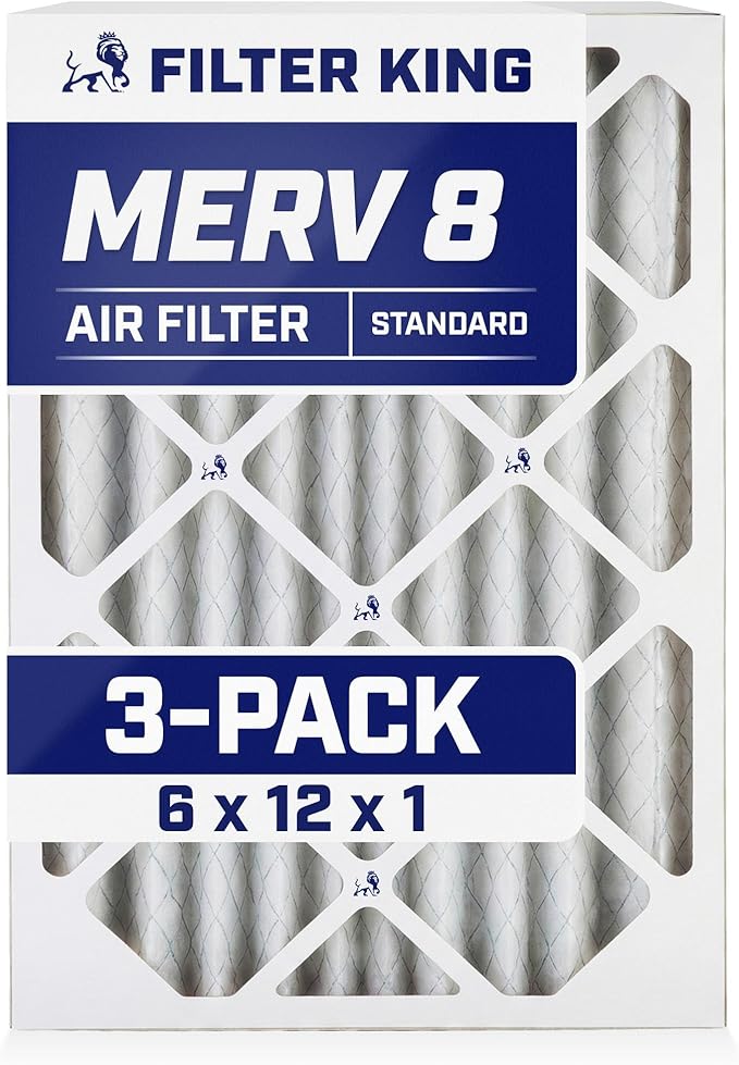 Filter King 6x12x1 Air Filter | 3-PACK | MERV 8 HVAC Pleated A/C Furnace Filters | MADE IN USA | Actual Size: 5.5 x 11.5 x .75"