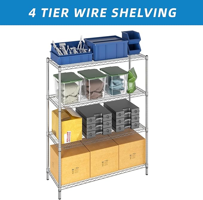 4-Shelf Adjustable Metal Shelf Wire Shelving Unit Heavy Duty Storage Rack Shelf for Office,Kitchen,Bedroom,Bathroom,Laundry,Pantry Basement,Garage(Chrome,48" L x 18" W x 62" H)