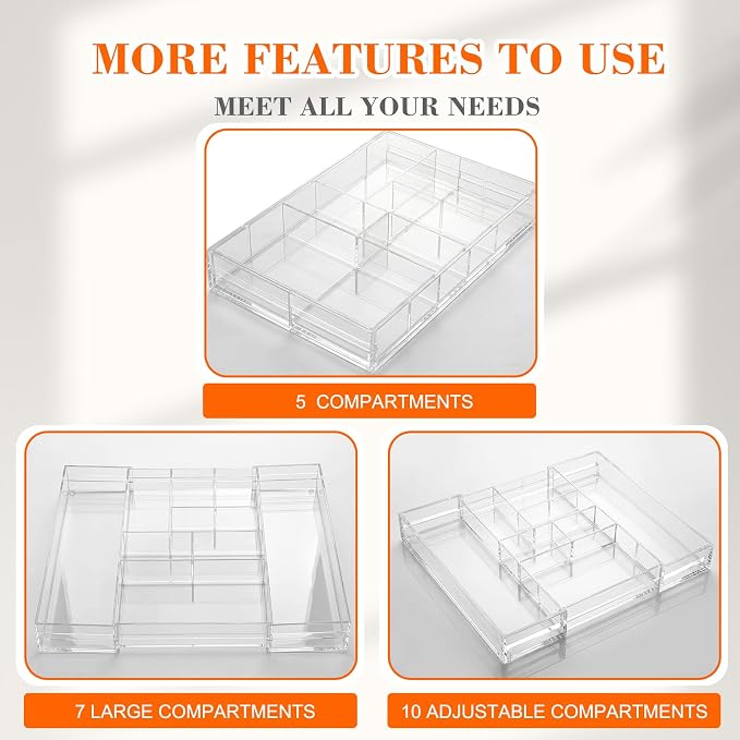 Briwooody Clear Acrylic Drawer Organizer Expandable, 9 Compartments, Large | - Image 3