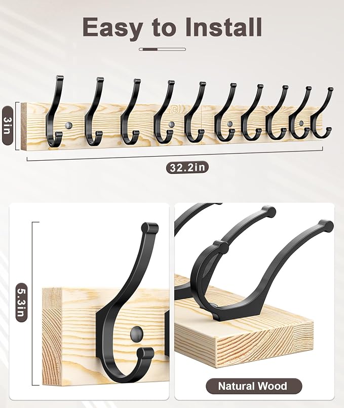 Optish 2 Pack Wooden Coat Rack Wall Mount, 16.1" Rustic Coat Hanger Hooks - Image 2