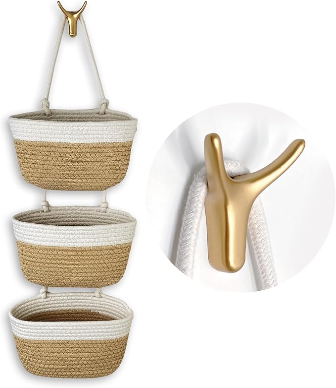 3-Tier Decorative Cotton Rope Hanging Basket, Wall-Mounted Woven Storage by Unknown