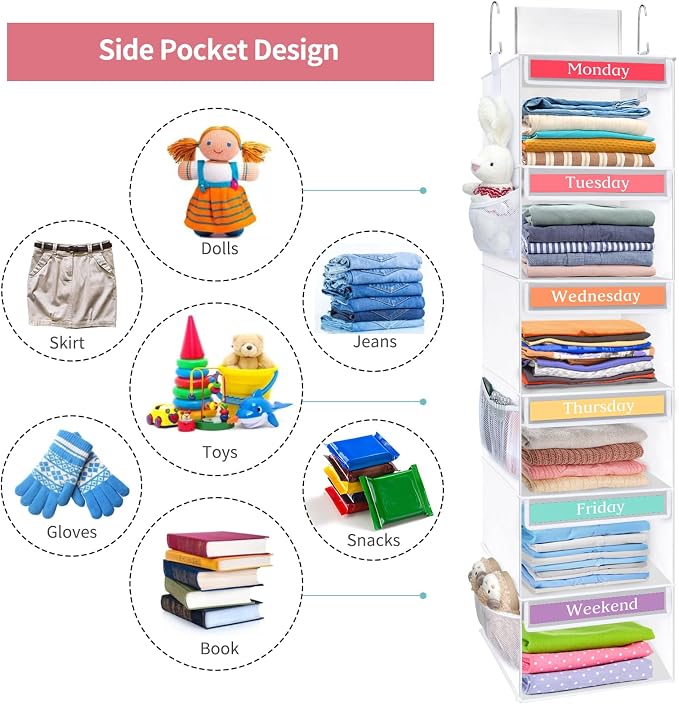 Fixwal Weekly Kids Clothes Organizer 6-Shelf Hanging Closet Storage White | - Image 6
