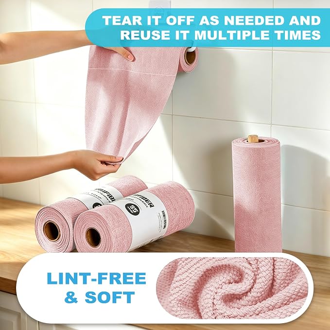 Puomue 55 Pack Microfiber Cleaning Cloth Roll, Tear Away Reusable Paper Towels - Image 4