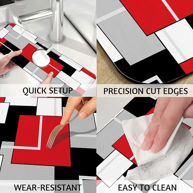 MCALK Geometric Red Kitchen Sink Faucet Mat Splash Guard, Absorbent Quick-Dry - Image 4