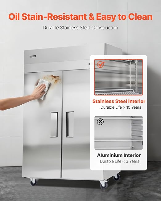 VEVOR Commercial Reach-In Freezer 48" W, 33 Cu.Ft Stainless Steel Upright Freezer with Double Glass Doors, Auto-Defrost, 6 Adjustable Shelves, -11 to 14℉ Temp Control, UL Certified