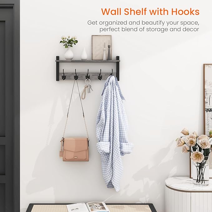 Wall Hooks with Shelf, Coat Rack Wall Mount, Entryway Shelf with Hooks - Image 2