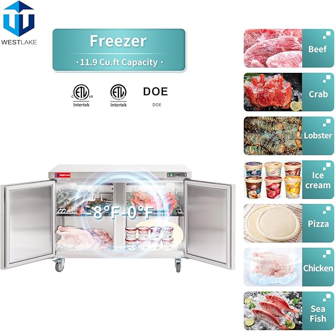 WESTLAKE 48" W Commercial Freezer Worktop Undercounter Freezer 12 Cu.ft Double Door Stainless Steel Counter Fan Cooling Freezer Food Prep Station for Restaurant, Bar