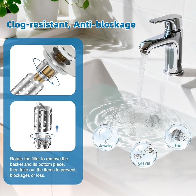 Hibbent 2 Pack Bathroom Sink Drain Strainer, 3 in 1 Pop Up Stopper | Universal - Image 2