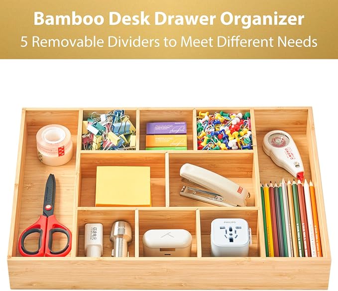 Extra Large Bamboo Desk Drawer Organizer, Wood Junk Organizer Tray - Image 2