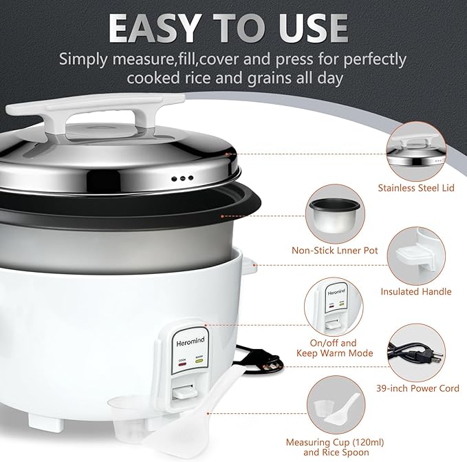 Commercial Rice Cooker, 46-Cup Rice Cooker, 9Qt / 10 L Large Rice Cooker with Nonstick Inner Pot, Fast Cooking and Auto Keep Warm, with Rice Cup and Paddle, Easy to Clean, 1600W