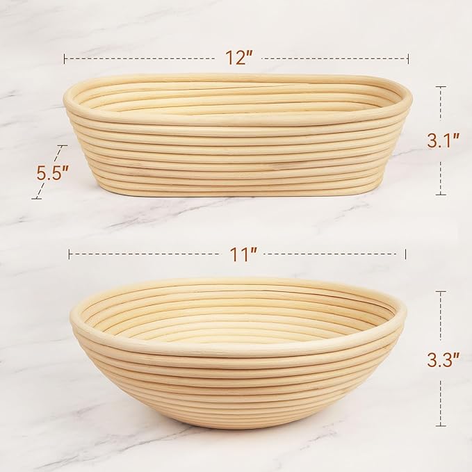 Banneton Bread Proofing Baskets Set of 2, 11" Round & 12" Oval Sourdough Proofing Baskets with Sourdough Bread Baking Supplies, Bread Making Kit