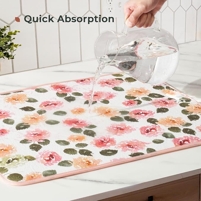 FRESHMINT Dish Drying Mats 2 Pack, Cottage Floral | Quick Dry, Ultra Absorbent - Image 4