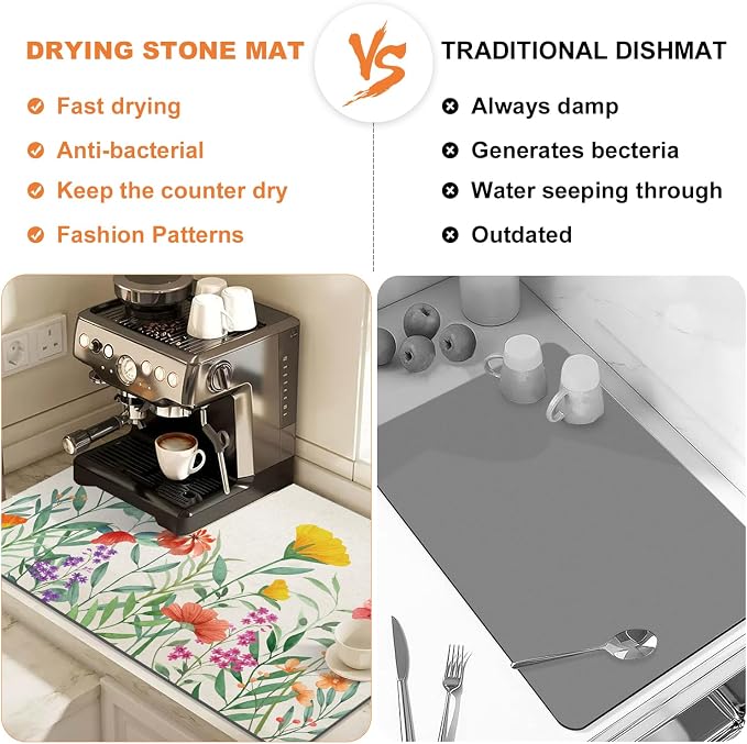 LOKHOM 18"x24" Dish Drying Mat，Colorful Floral Coffee Mat | Ultra Absorbent - Image 5