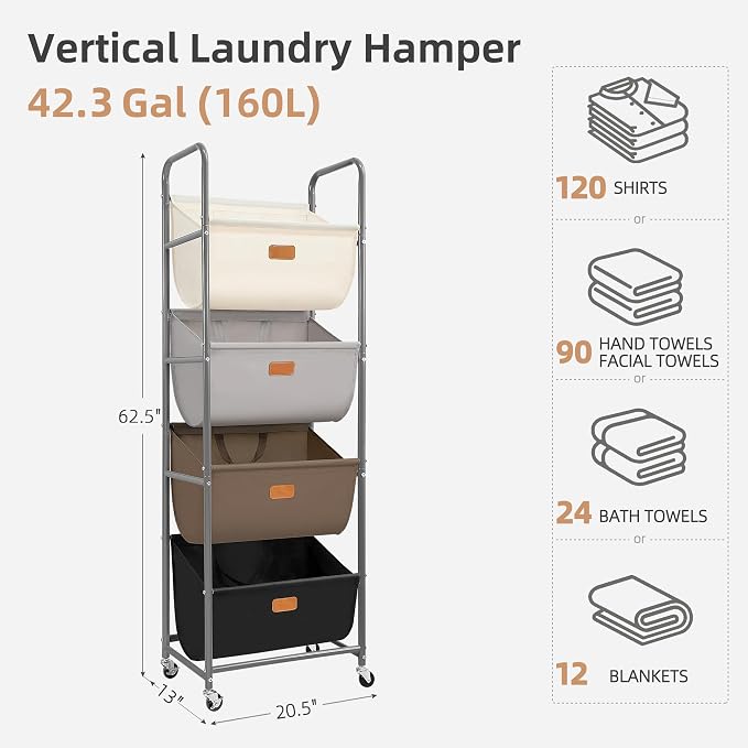 STORAGE MANIAC Vertical Rolling Laundry Hamper, 4 Section Laundry Sorter - Image 4
