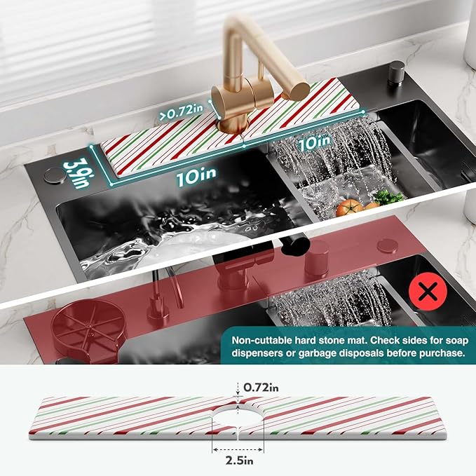 Stone Faucet Mat for Kitchen Sink, Diatomite Drying Stone Mat for Kitchen Counter, Prevent Moisture – Sink Splash Guard for Holiday Gift Home Decor (Red/Green, 20''x3.9'')