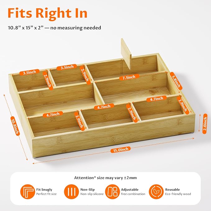 Bamboo Drawer Organizer with 9 Adjustable Compartments, Desk Storage Tray | - Image 2