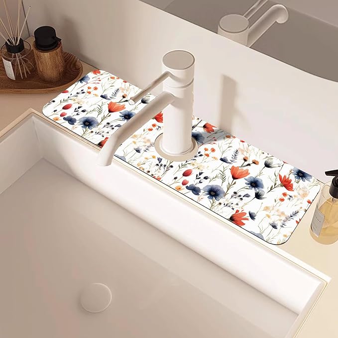 Watercolor Red and Blue Flowers Sink Faucet Absorbing Mat Sink Splash Guard - Image 2
