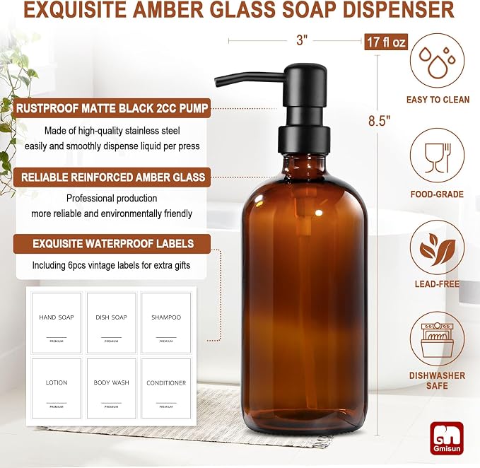 GMISUN Amber Glass Soap Dispenser, 8 Pack Bathroom Hand Soap Dispensers | 17 Fl - Image 3