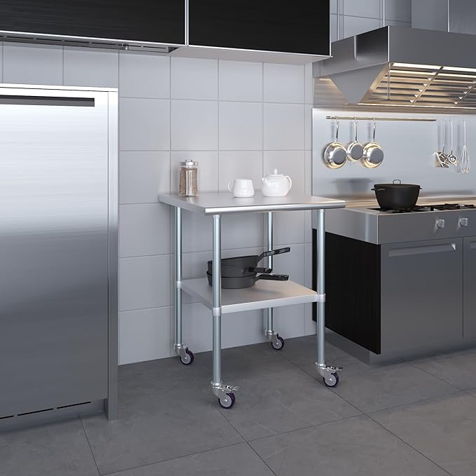 AmGood 30" Long x 30" Deep Stainless Steel Table with Casters