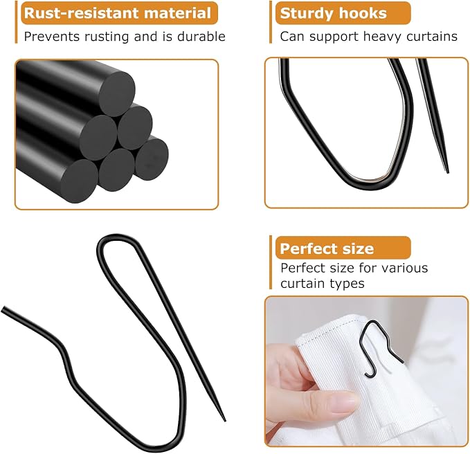 100 Pack Black Metal Curtain Hooks Pin-On Drapery Hooks, Suitable - Image 6