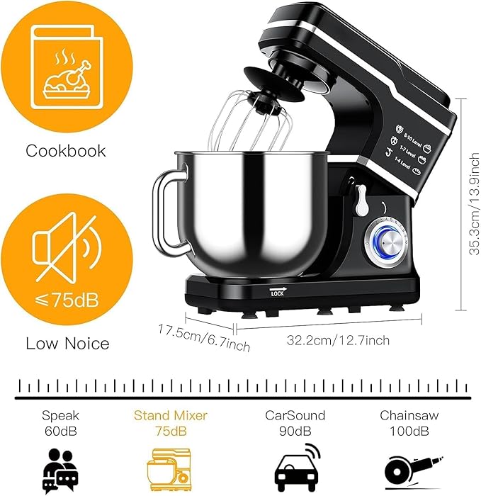 7.5QT Stand Mixer, 660W Powerful Electric Dough Mixer, 10-Speed Tilt-Head Kitchen Mixer with Stainless Steel Bowl, Whisk, Dough Hook, Beater, Splash Guard, Easy Clean, for Baking & Cooking