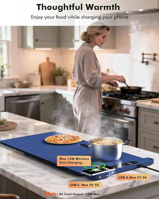 New Food Warming Mat with Wireless Charger, 34”x15” Extra Large Roll Up Food Warmer, Fast Heating Mat for Food with 7 Level Temperature & 8 Hours Timer, Electric Warming Trays for Buffets Party (Blue)