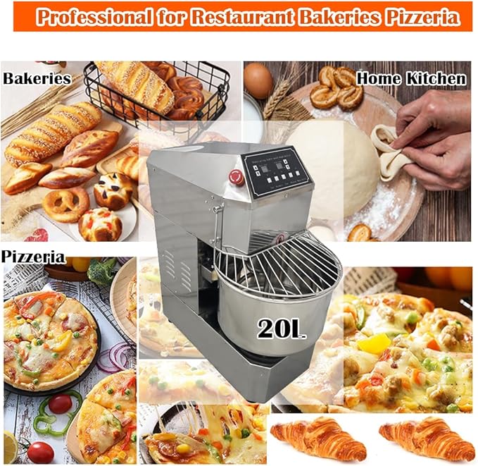 Commercial Spiral Dough Mixer 20L 304 Stainless Steel Stand Mixer with Double Action & Variable Speed, Heavy Duty Pizza & Bread Dough Kneading Machine for Restaurants, Bakeries, Home Kitchens