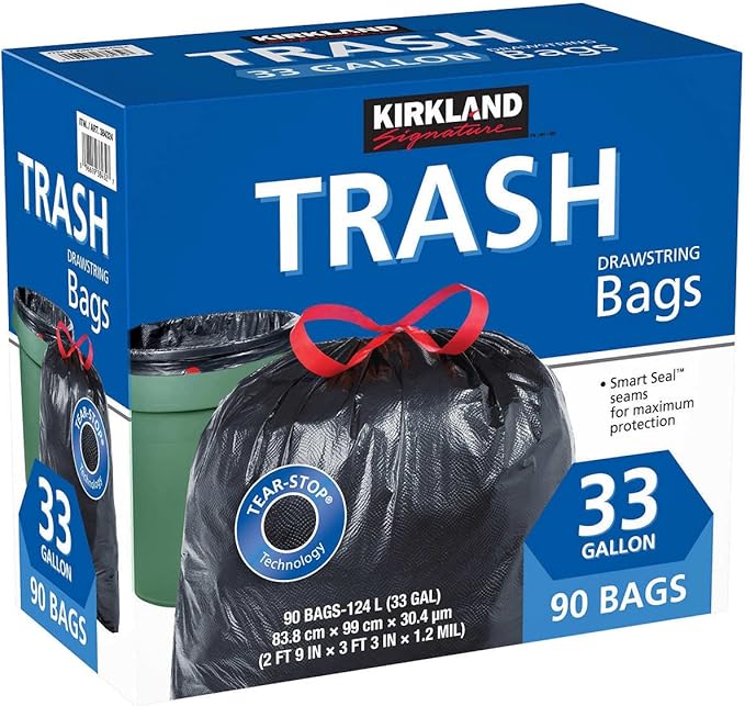 Kirkland Signature Carton is 100% recyclable 33 Gallon Black Drawstring Trash by KIRKLAND