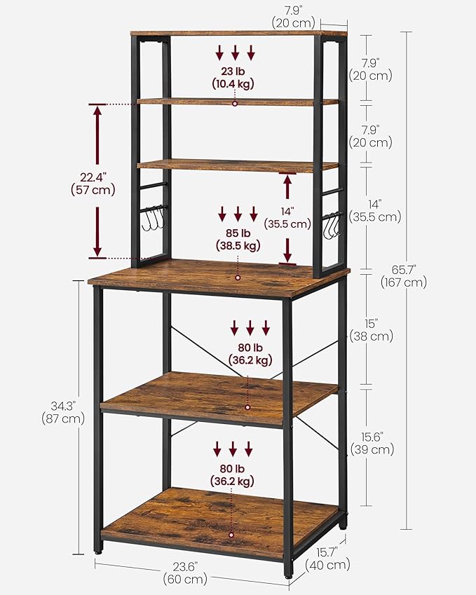 VASAGLE Coffee Bar, 23.6 Inches Baker's Rack for Kitchen with Storage, 6-Tier Kitchen Shelves with 6 Hooks, Microwave Stand, Industrial, Rustic Brown and Ink Black UKKS024B01