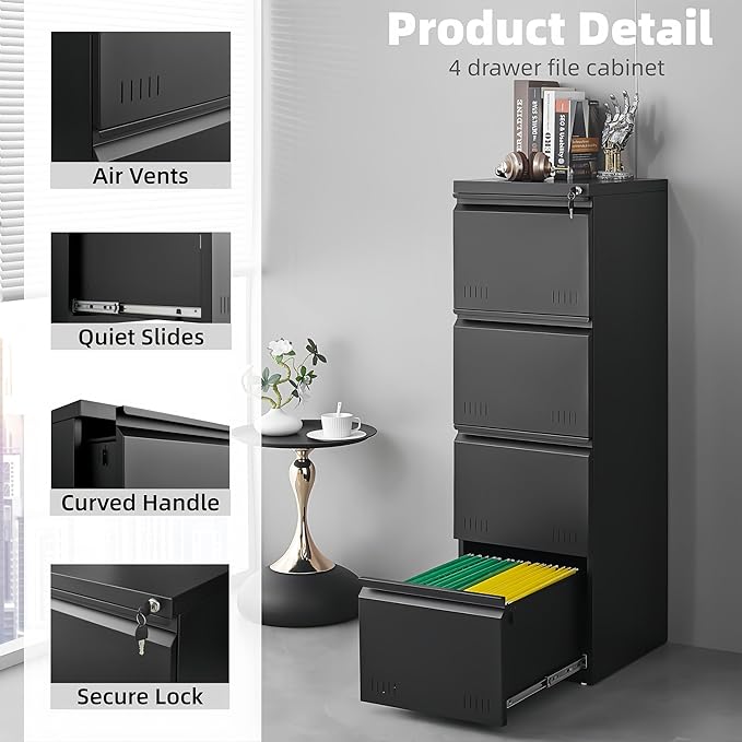 Vertical 4 Drawer File Cabient with Lock, Metal Filing Cabinets for Home Office, Heavty Duty Office Storage Cabinet for A4/Letter/Legal (Matte Black)