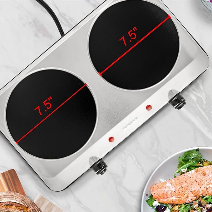 OVENTE Countertop Infrared Double Burner, 1500W Electric Hot Plate and Portable Stove with 7.5” Ceramic Glass Cooktop, 6 Level Temperature Setting and Easy to Clean Base, Silver BGI202S