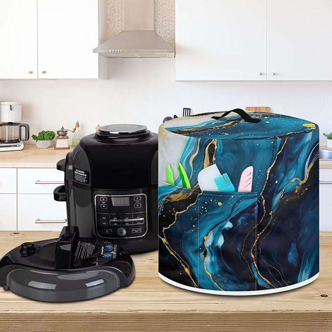Flashideas Blue Marble Print Pressure Cooker Cover for Women Dust-proof Cover for Rice Cooker Air Fryer Kitchen Appliance Covers with Top Handle and Pocket Home Kitchen Decor Gifts for Friends