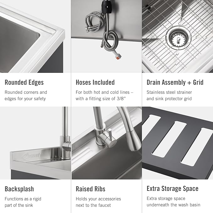 TRINITY Stainless Steel Freestanding Single Bowl Utility Sink for Garage, Laundry Room, and Commercial Use, Includes Pull-Out Faucet, NSF, UPC and cUPC Certified, 21.5" x 22" x 49.2", Black