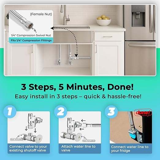 Refrigerator Ice Maker Water Line Kit - 15' Braided Stainless Steel Fridge Water Line with 1/4" Compression Fittings Pex Tubing Core and Water Splitter