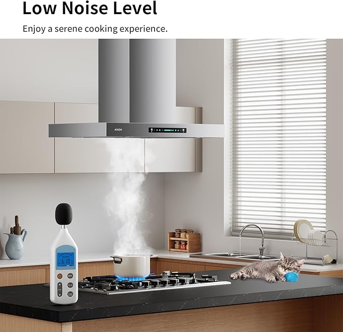 IKTCH Upgrated 36 inch Island Mount Range Hood, 900 CFM Ducted Range Hood with 4 Speed Fan, Stainless Steel with Gesture Sensing & Touch Control Making life Smarter IKIS02-36