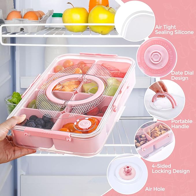 LUXEAR 2Pack 8-Compartment Divided Serving Tray with Lid and Handle - Airtight Leakproof Snackle Box Charcuterie Container for Fridge, Picnic, Party, Travel - BPA-Free Dishwasher Safe(Pink)