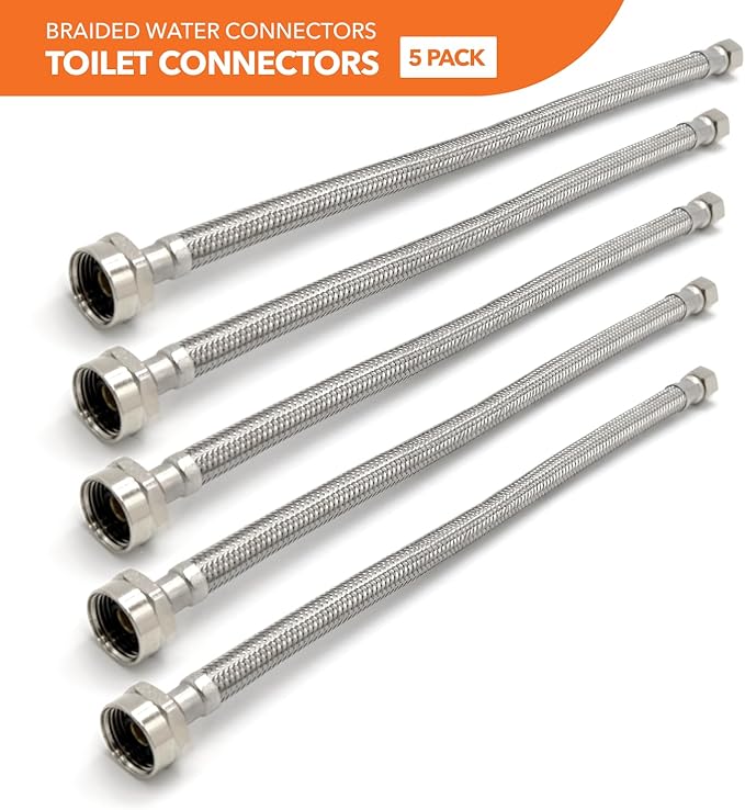 Stainless Steel Braided Water Connectors with Reinforced PVC Inner Hose for Toilets, 3/8" Compression x 7/8" Metal Ballcock, 20" Length (5Pack)
