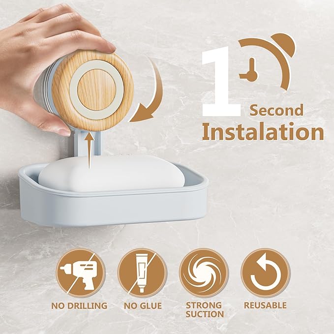 Double Layer Soap Dish for Shower 2 Pack, Wall Mounted Bar Soap Holder Suction Cup 2 Layer Self Draining Soap Case Sponge Holder for Shower Bathroom, Tub and Kitchen Sink, Sky Blue