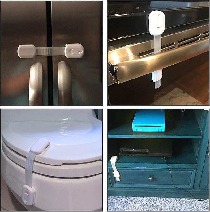 12 Pack Vkania Baby Proofing Cabinet Strap Locks - Child Safety Drawer Cupboard Oven Refrigerator Adhesive Locks - Adjustable Toilets Seat Fridge Latches - Kids Proof Kit - No Drilling