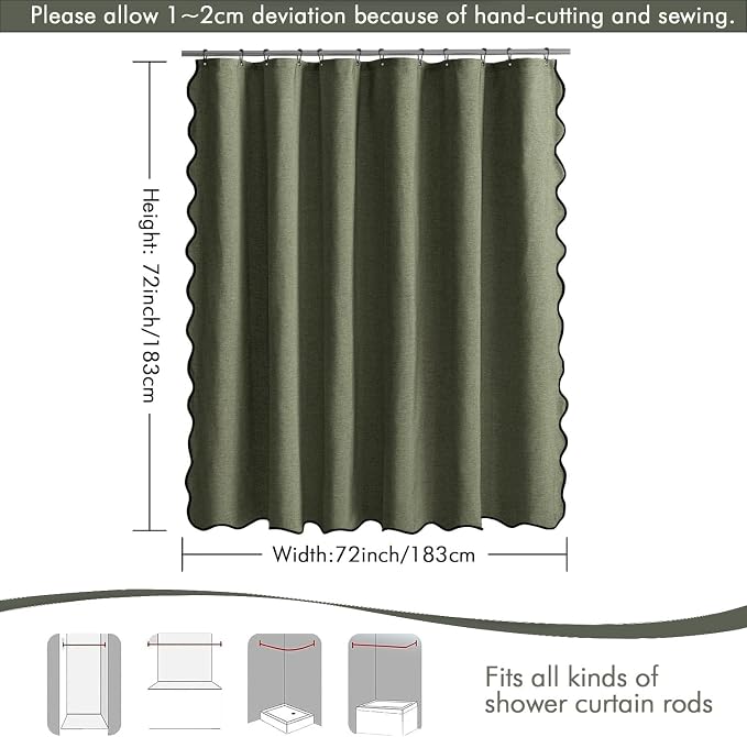 MIULEE Olive Green Scalloped Linen Shower Curtain 72x72 Inches - Image 6