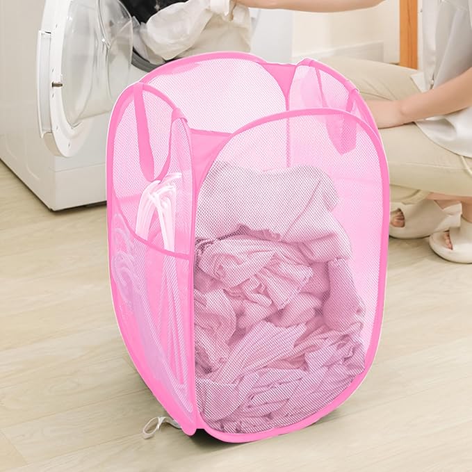 Portable Mesh Pop Up Laundry Hamper Reinforced Pink Vertical Collapsible - Image 6