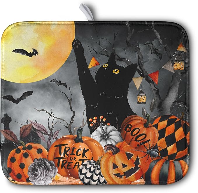Halloween Black Cat Pumpkin Dish Drying Mat by Kwlegh
