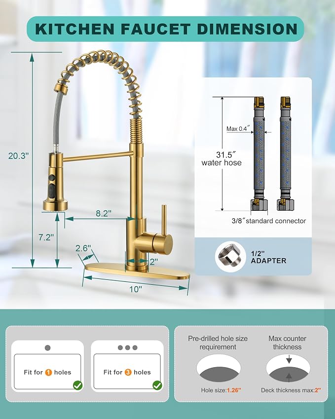 Kitchen Faucets with Pull Down Sprayer: Brushed Gold 3-Function Kitchen Sink - Image 7