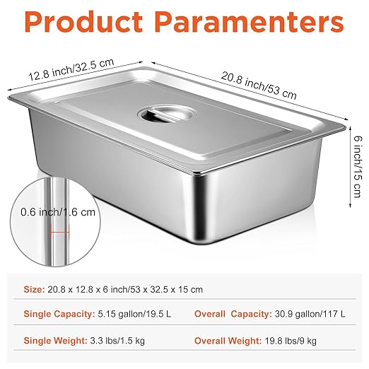 Dandat 6 Pack Full Size Steam Table Pans Deep Hotel Pan with Lid Thick Stainless Steel Restaurant Commercial Trays Steam Food Containers for Chafing Dish Buffet (20.8 x 12.8 x 6 Inch)