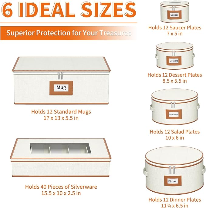 Aokeyee 6-Piece China Storage Containers Set, Hard Shell Moving Boxes for Dishes, Plates, Mugs & Flatware – Dinnerware Organizer with Soft Dividers, Sturdy Handles & Zippers, Ivory