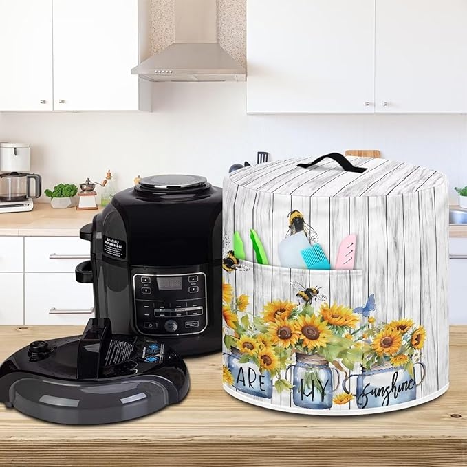 Insulated Pressure Cooker Appliance Cover, Also Fit for Rice Cooker, Air Fryer and Crock Pot, 8 Quart Dust Cover with Pocket for Spoon/Cooking Utensils/Recipes, Washable, Sunflower Vase Bee