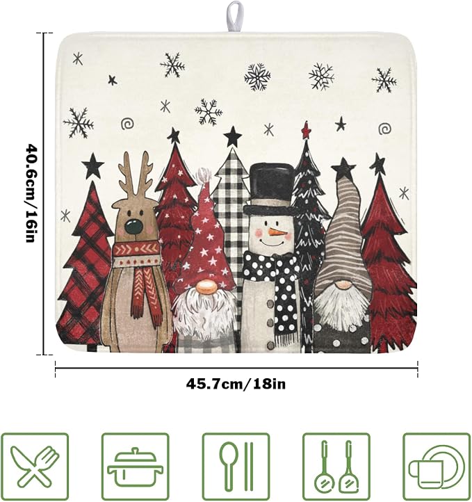 Giwawa Winter Snowman Gnome Dish Drying Mat Xmas Tree Dishes Pad 16"x18" - Image 2