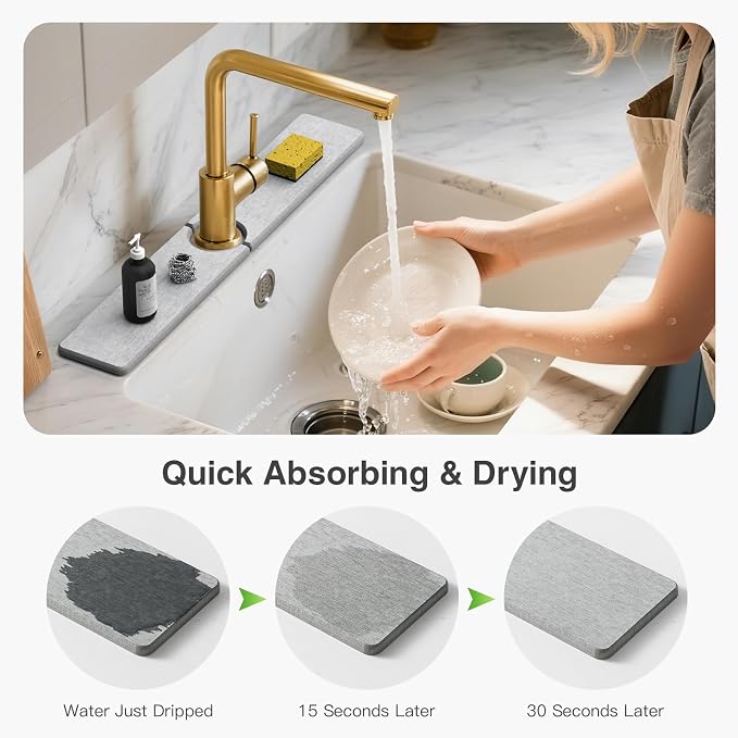 Premium Stone Faucet Mat for Kitchen Sink, 23.6" x 4" Light Gray | Quick Drying - Image 3