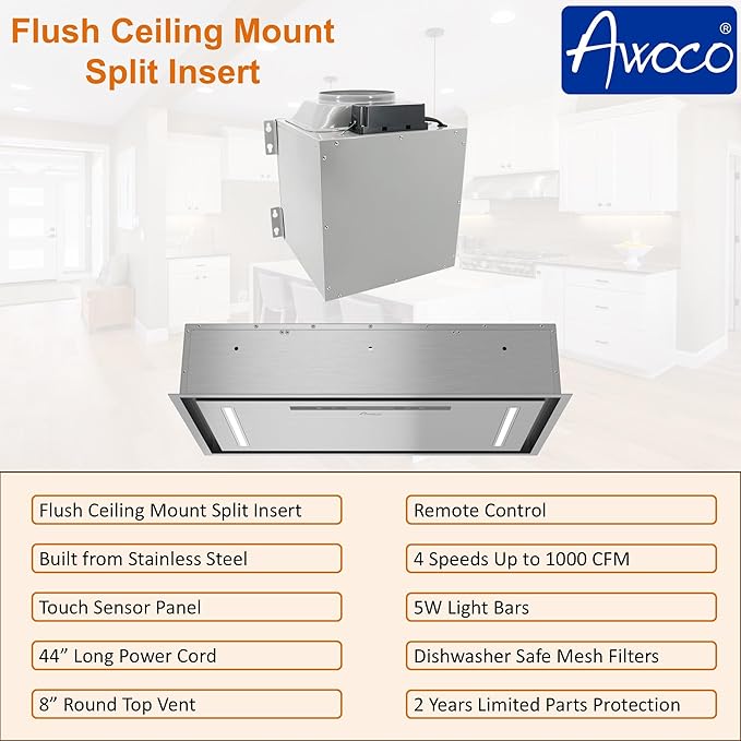 Awoco 30”W Flush Ceiling Mount Split Insert Range Hood, Stainless Steel 4 Speeds 1000 CFM, 8” Round Top Vent LED Lights Remote Control (30"W 19"D 8" Vent)